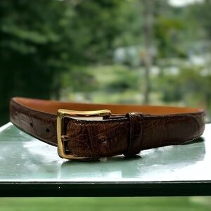Brown Croc Alligator Grain Cowhide Leather Belt Bold Brass Buckle 36-40" Waist